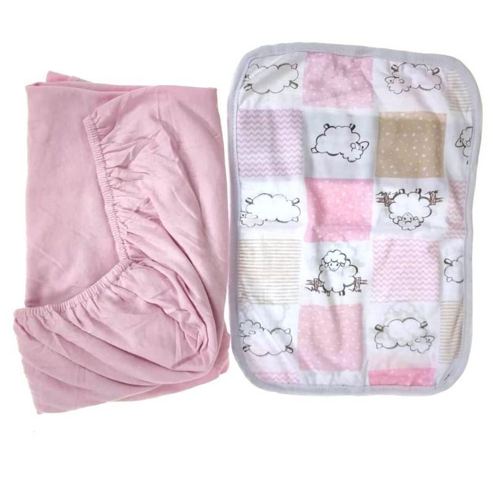 Kit-2-Pecas--Lencol-Para-Berco-Rosa-e-Fronha-Estampada-Ovelha